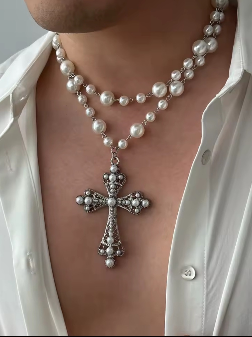 White Pearl Bead Necklace with Ornate Silver Cross Pendant